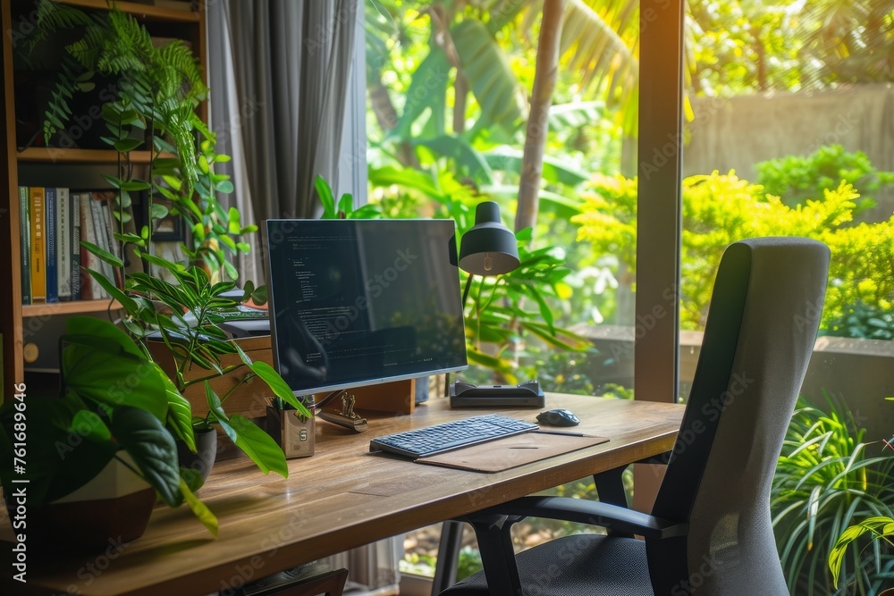 Poster a desk with a computer placed in front of a window, providing ample natural light for work and produ