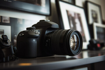 Professional Dslr Camera on Desk with Framed Photos in Background - obrazy, fototapety, plakaty