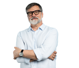 Bearded middle-aged man wearing glasses posing over transparent background