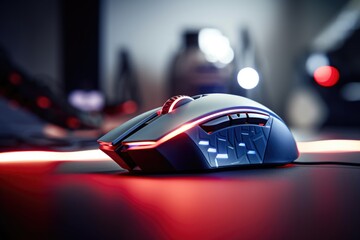 Futuristic Gaming Mouse with Neon Backlight on a Dark Desk