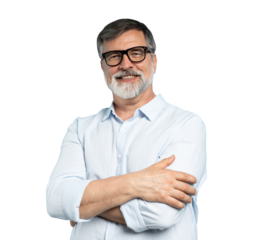 Bearded middle-aged man wearing glasses posing over transparent background