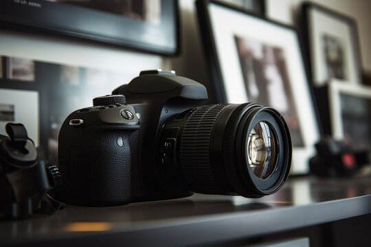 Professional Dslr Camera on Desk with Framed Photos in Background