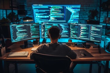 A man is seen sitting at a desk, engaged in work, with multiple computer screens displaying various information, A computer programmer surrounded by multiple screens displaying codes, AI Generated