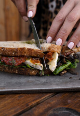 Eating at the restaurant. Closeup view of female hands holding a knife, slicing a vegetarian sandwich with arugula, sun dried tomatoes, brie cheese and mushrooms, in a metal dish.	

