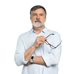 Bearded middle-aged man wearing glasses posing over transparent background
