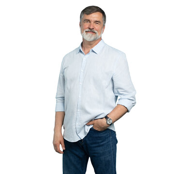 Portrait of happy casual older man smiling, Mid adult, mature age male with gray hair, Isolated on transparent background, copy space