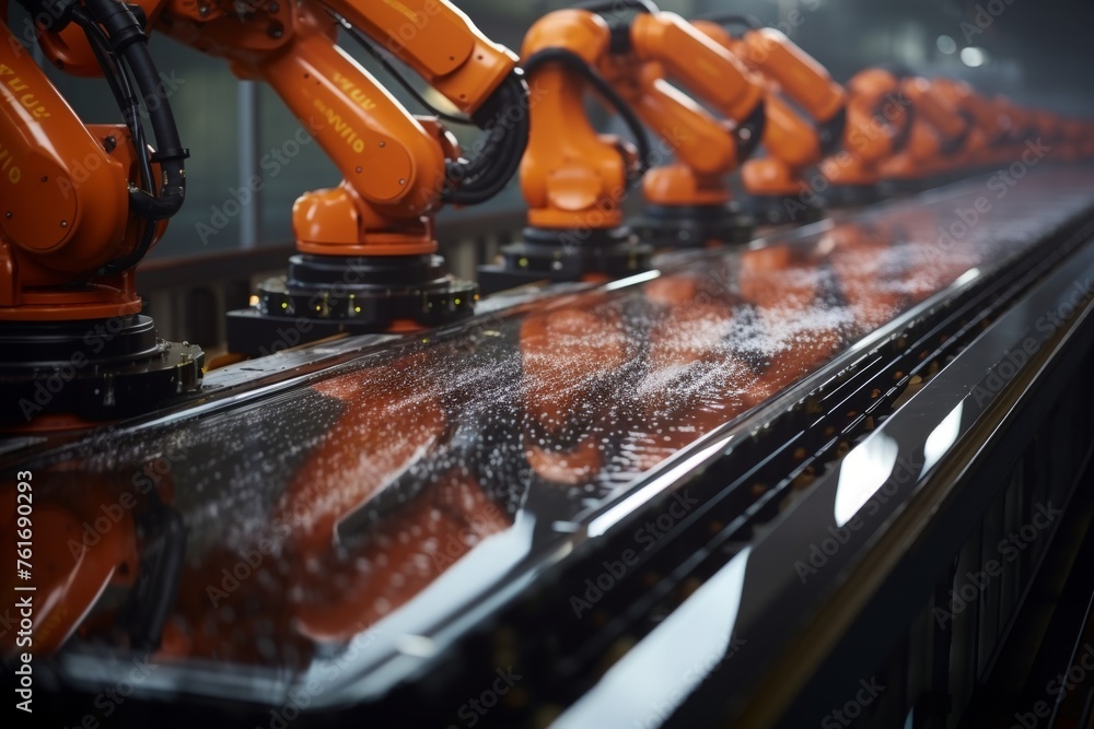 Poster xai mechanized robot and robotic arms for automated factory assembly line in industrial revolution