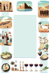 Set of Easter icons. flat, book format for the Passover haggadah. Jewish holiday of the exodus from Egypt. Collection with Seder plate, food, matzo, wine, torus, pyramid. Isolated on white background.