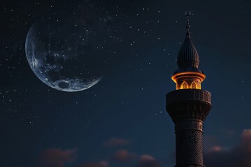 A towering structure with an illuminated beacon at its peak, standing tall against the sky, A crescent moon over a mosque's minaret, AI Generated - Powered by Adobe