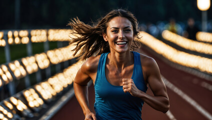 Donna sorride mentre fa sport, corre su una pista da atletica leggera - obrazy, fototapety, plakaty