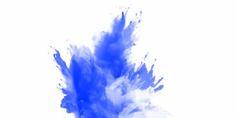 Blue holi paint color powder. Abstract blue dust explosion on white background. Blue holi paint color powder festival explosion burst isolated white background. Blue vibrant rainbow Holi paint color.	 - obrazy, fototapety, plakaty