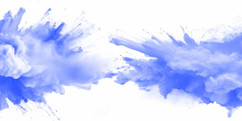 Blue holi paint color powder. Abstract blue dust explosion on white background. Blue holi paint color powder festival explosion burst isolated white background. Blue vibrant rainbow Holi paint color.	