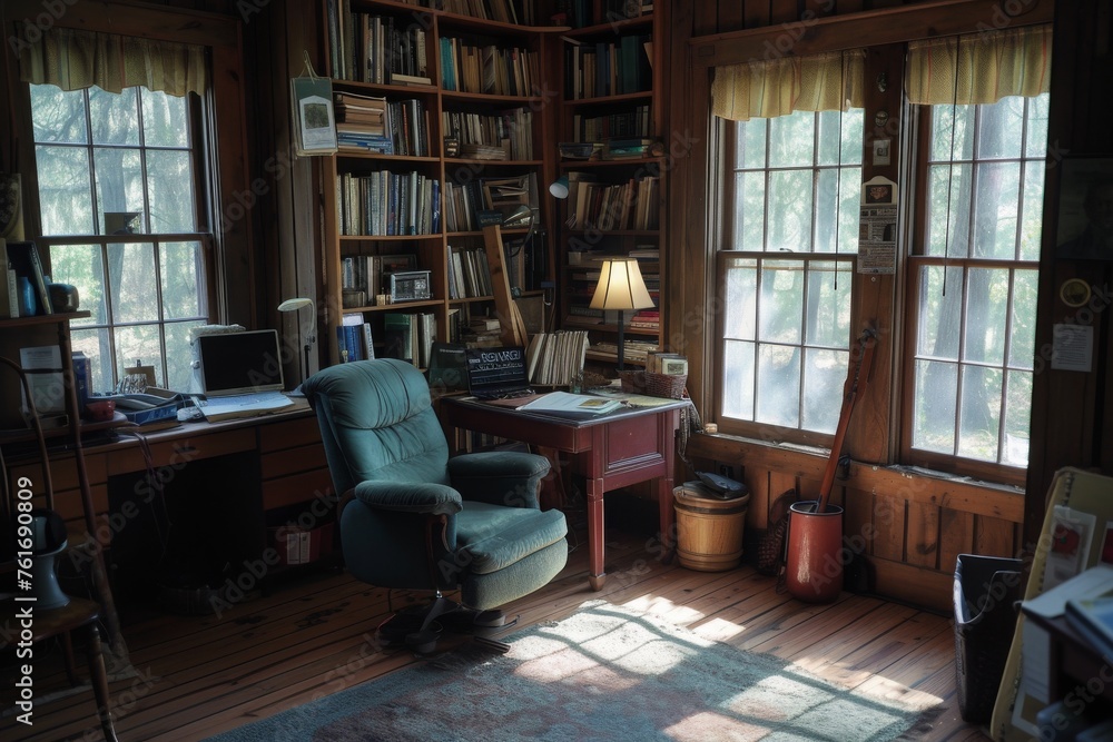 Poster an image of a room featuring a chair, desk, and bookshelf, creating a functional and practical works
