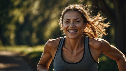 Donna sorride mentre fa sport, corre in mezzo alla natura in vestiti da corsa