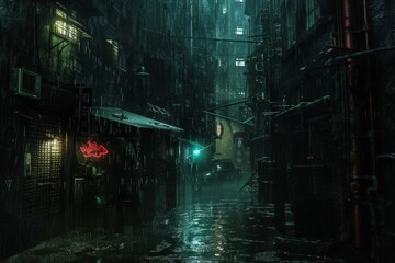 A photo of a dimly lit alleyway with a vivid green light shining at the far end, creating a mysterious and intriguing atmosphere, A dark, rain-soaked alleyway in a futuristic city, AI Generated