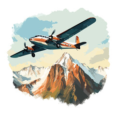 Vintage cargo plane flying over a mountain range. Cli