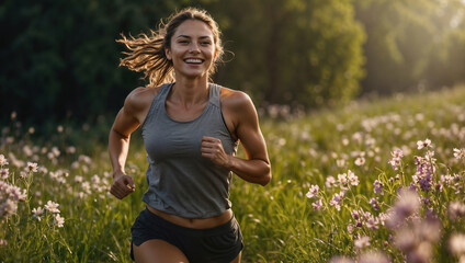 Donna sorride mentre fa sport, corre in mezzo alla natura in vestiti da corsa - obrazy, fototapety, plakaty