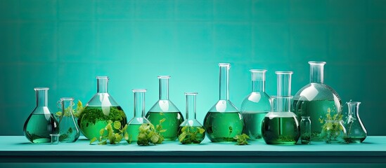 A line of glass test tubes containing a vibrant green solution, neatly displayed on a shelf. Each tube holds a mysterious liquid waiting to be examined - obrazy, fototapety, plakaty