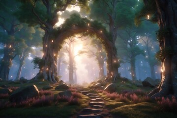 Obraz na płótnie Canvas magical light warms mystic atmosphere in timeless fantasy forest