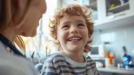 A smiling child with curly hair engaging with a friendly pediatrician, feeling at ease during a medical checkup