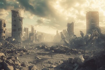 Devastated City in the Heart of a Desert, A desolated post-war city with the remains of destroyed mechs, AI Generated - obrazy, fototapety, plakaty
