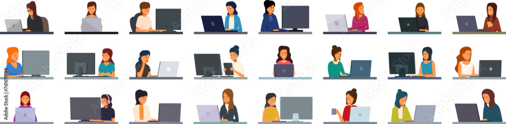 Poster software programmer girl icons set cartoon vector. it profession. office tester