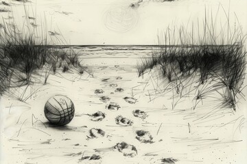 A monochrome illustration depicting a basketball resting on the sandy shoreline of a beach, A detailed sketch of a volleyball on a sandy beach with barefoot footprints leading up to it, AI Generated