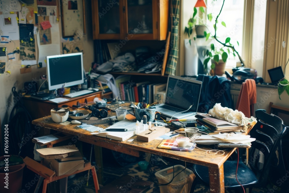 Poster a cluttered desk with various items scattered on it, including a computer, a dining table burdened w