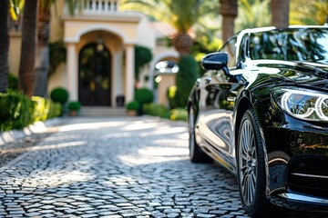 A black luxurious car parked elegantly on a cobblestone driveway in front of a posh private residence
