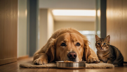 Zwei tierische Freunde: Ein Golden Retriever und eine Katze teilen entspannt den Futterplatz - obrazy, fototapety, plakaty