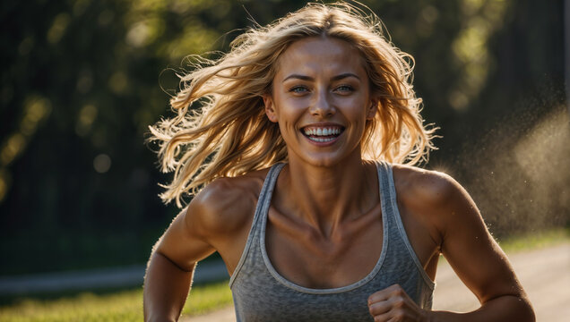 Donna sorride mentre fa sport, corre in mezzo alla natura in vestiti da corsa