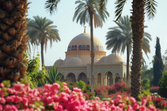 A photo of a grand building standing prominently amidst a lush landscape filled with palm trees and colorful flowers, A domed mosque surrounded by blooming date palm trees, AI Generated
