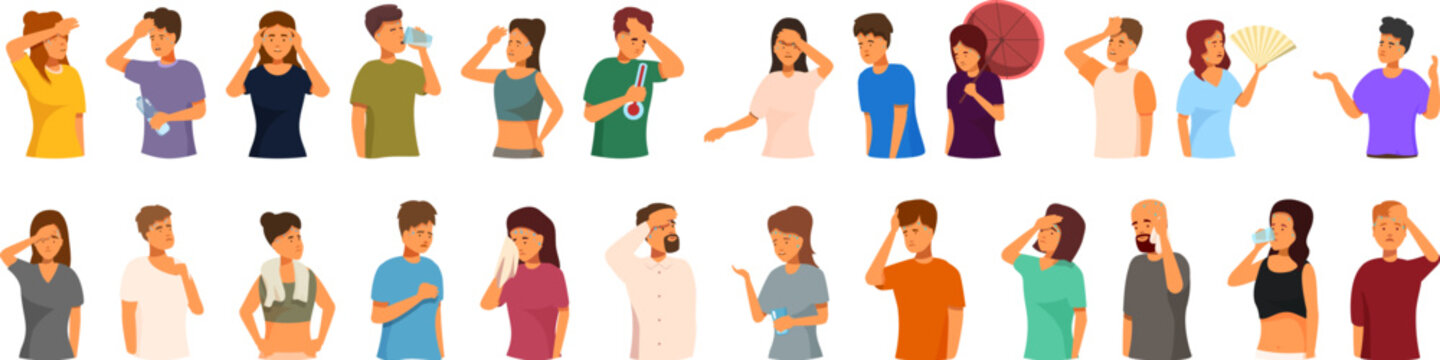 Sunstroke icons set cartoon vector. Person climate dehydration. Warming people