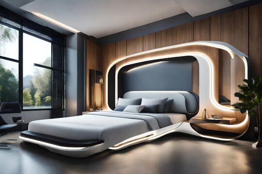 modern living room, Step into the future with an AI-generated image featuring a bionic-style bedroom, showcasing a modern double bed