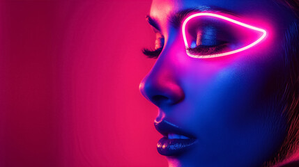 Stylish neon light makeup on a woman's face.