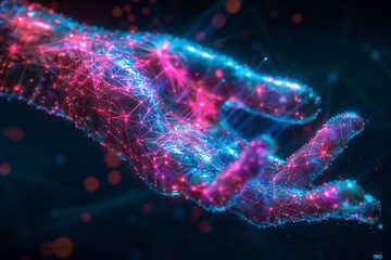 A hand made of lines and dots is shown in a blue and red color