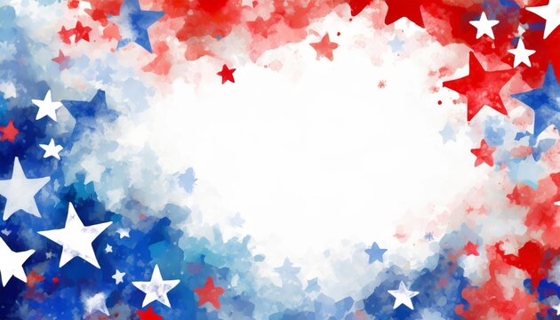 Festive background with red and blue watercolor stars on a white backdrop, perfect for Memorial Day or the 4th of July.