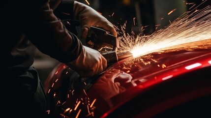 Welder Working on Red Car With Sparks