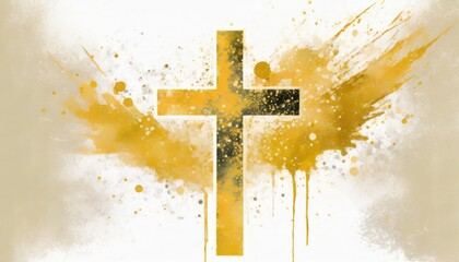 Abstract artistic rendition of a cross with a vibrant gold and white paint splatter effect on a textured background, symbolizing faith and the resurrection.