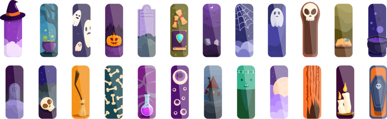Halloween bookmark icons set cartoon vector. Broom design. Dark holiday card - obrazy, fototapety, plakaty