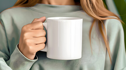 mockup photography of a girl holding a 11 oz white mug close to her chest