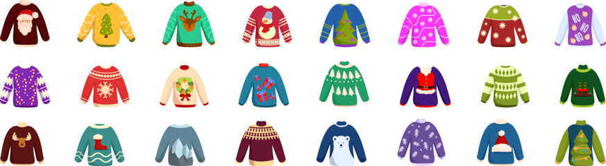 Ugly sweater party icons set cartoon vector. Christmas holiday. Knitted ornament