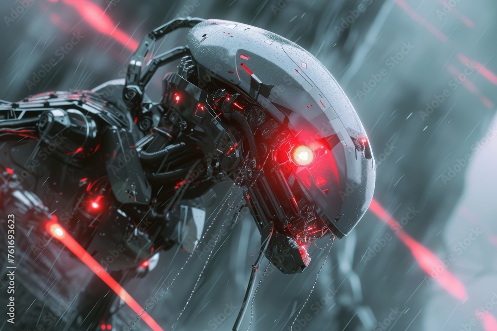 Poster A robot with red eyes standing in the rain, its metallic exterior glistening under the downpour, A futuristic robot hunting its prey in a cybernetic world, AI Generated