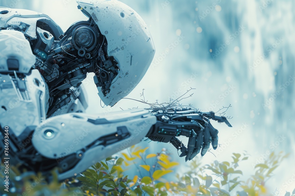 Poster a robot is seen holding an object up in the air with its hand, a futuristic robot hunting its prey i