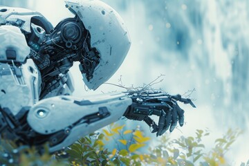 A robot is seen holding an object up in the air with its hand, A futuristic robot hunting its prey in a cybernetic world, AI Generated