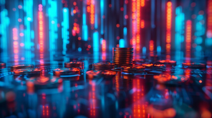 Fototapeta na wymiar A pile of coins is on a table with a bright blue background