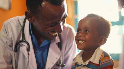 A small boy shares a joyful moment with a male doctor, highlighting the impact of care and compassion in pediatric healthcare - obrazy, fototapety, plakaty