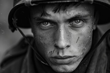 Poignant wartime portrait, sacrifice and bravery in a soldier's emotional photograph from the second great war, a powerful depiction of human toll and resilience amidst fight for liberty