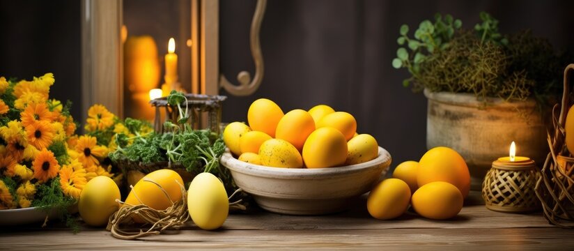 A wooden table adorned with a bowl of vibrant lemons, surrounded by flickering candles, showcasing a beautiful display of natural foods and ingredients