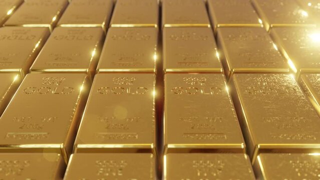 Golden highlights sparkle on gold bars and ingots stacked in rows. Secure savings in a stable currency on deposit with central bank and reserve fund. High profits and good dividends, 3d render.